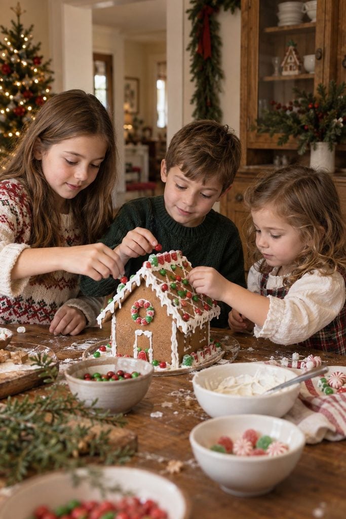 Siblings decorating a gingerbread house with candy and frosting