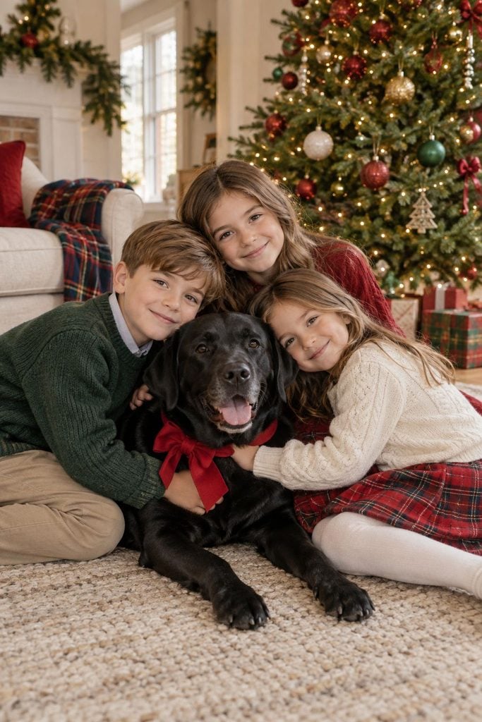 Siblings cuddling the family dog wearing a bow by the Christmas tree