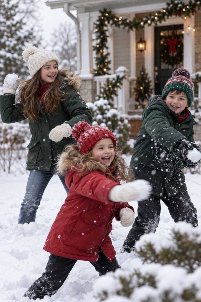 Siblings in winter coats having a snowball fight outdoors
