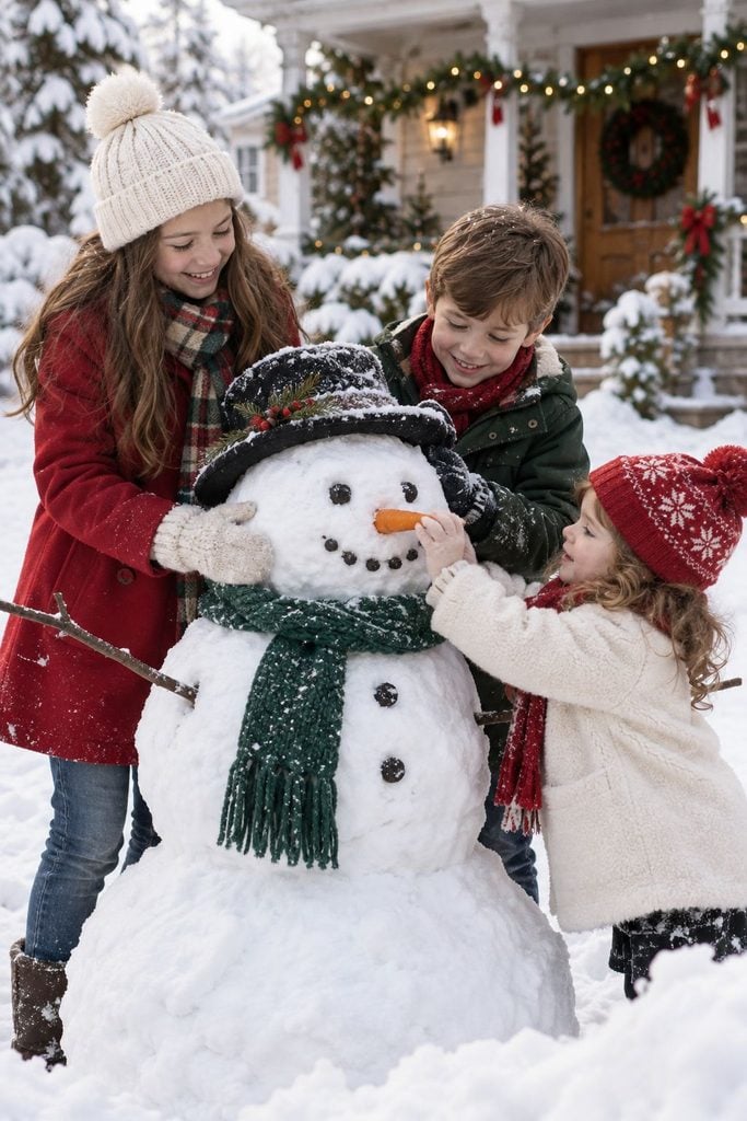 Siblings building a snowman together in the snow