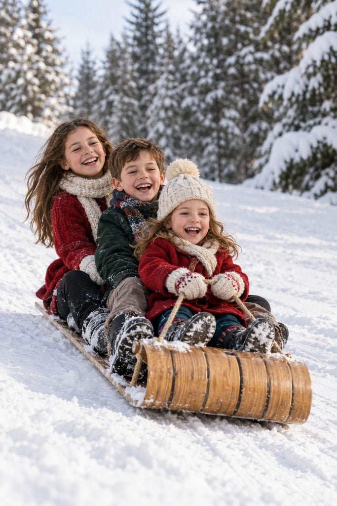 Siblings sledding together down a snowy hill