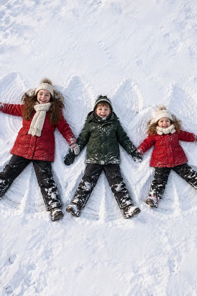 Overhead view of siblings making snow angels side by side