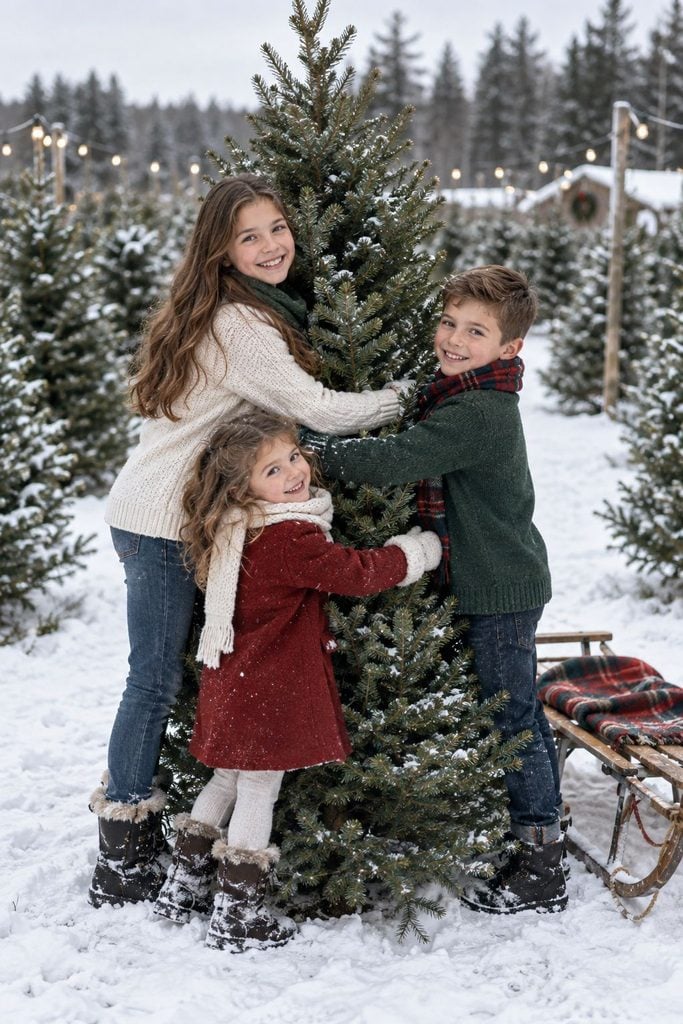 Siblings at a Christmas tree farm with the tree they picked out