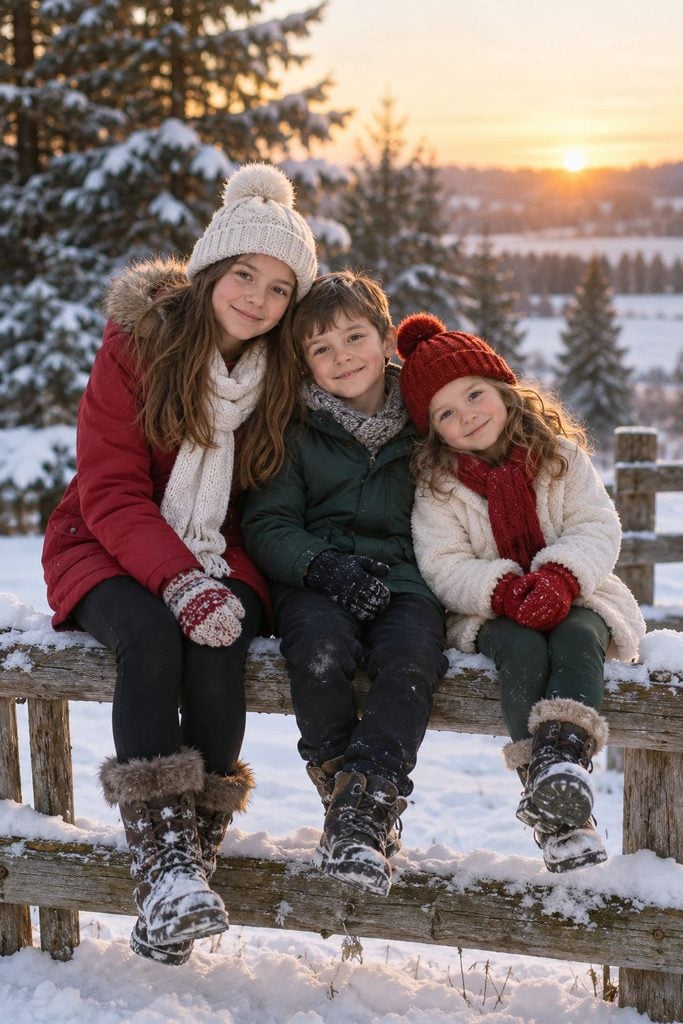 Siblings in winter coats and hats sitting on a wooden fence at golden hour