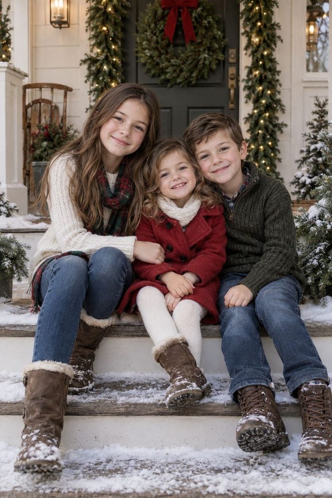 Siblings posing on a front porch decorated with Christmas garland and a wreath