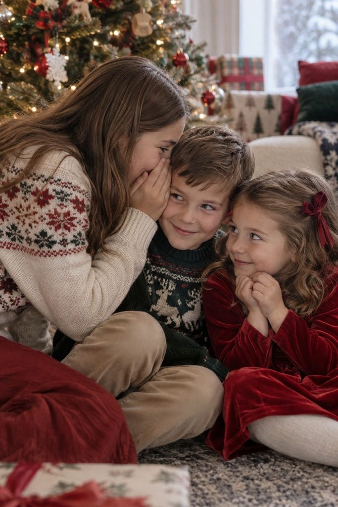 Two siblings whispering a secret to each other beside the Christmas tree