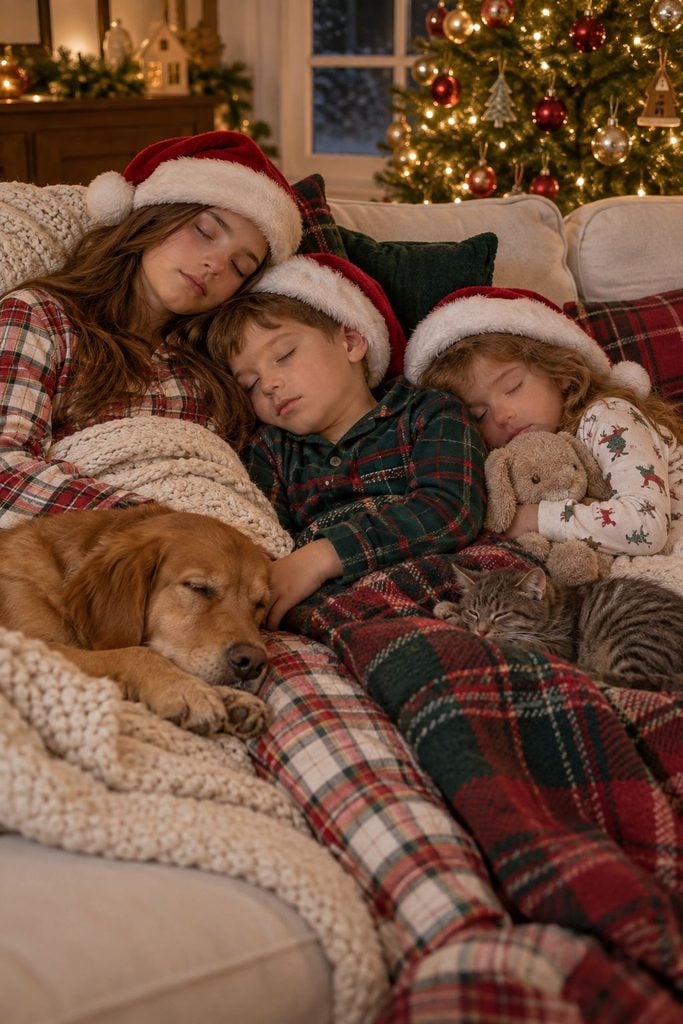 Siblings asleep together on the couch wearing Santa hats