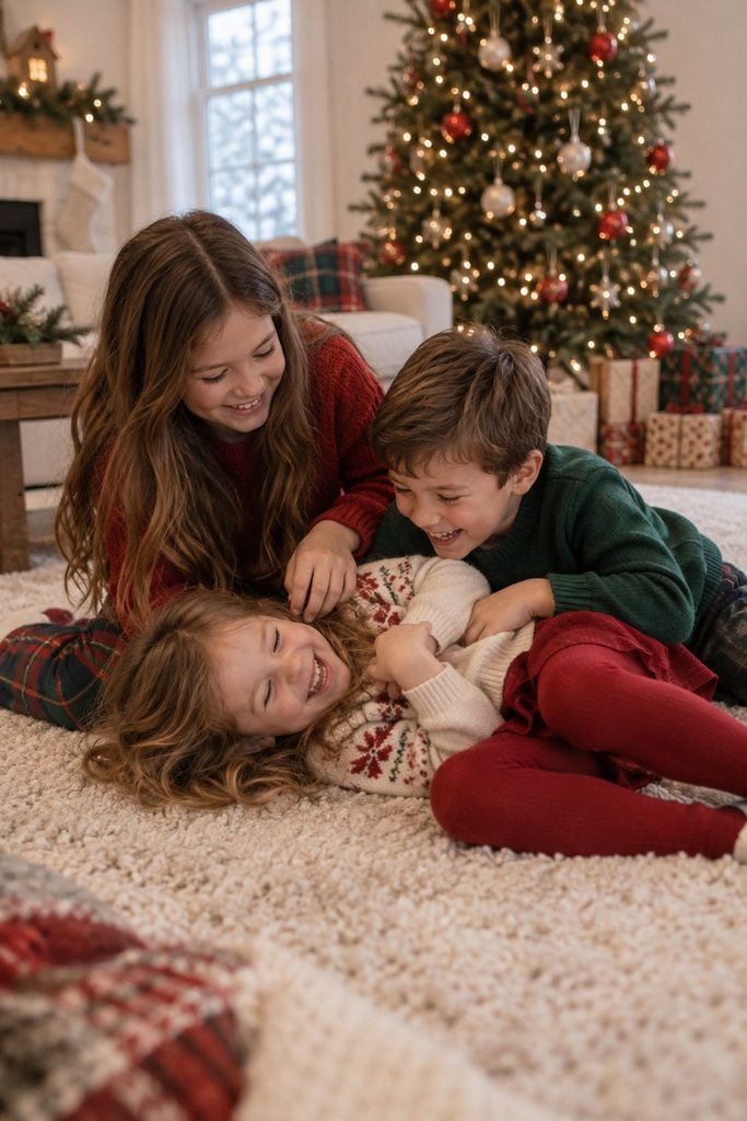 Siblings laughing during a tickle fight on the floor at Christmas