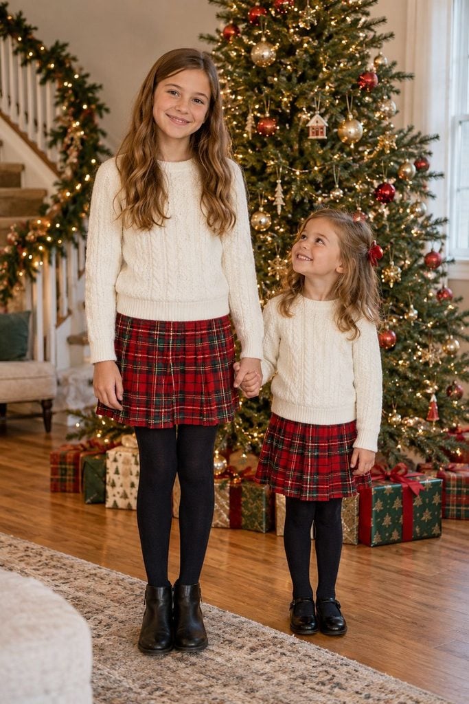 Tall older sibling and tiny toddler in matching Christmas outfits