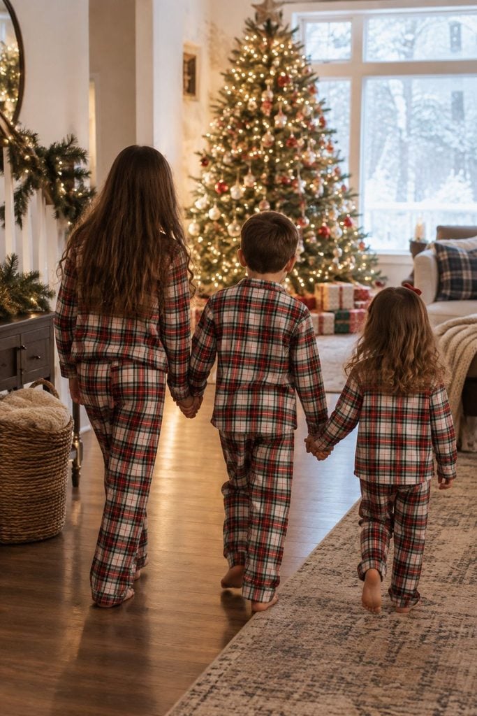 Siblings holding hands walking toward a glowing Christmas tree