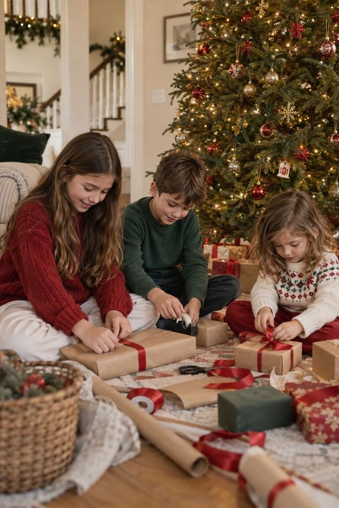 Siblings wrapping presents with ribbon and small gift boxes under the Christmas tree