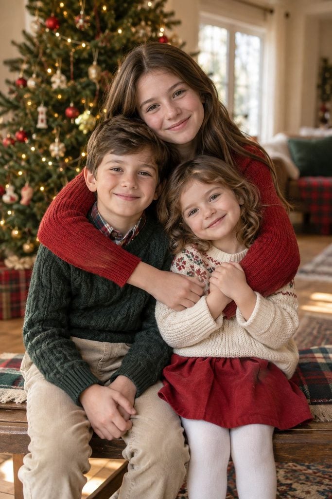 Older sibling hugging younger sibling from behind in a Christmas photo