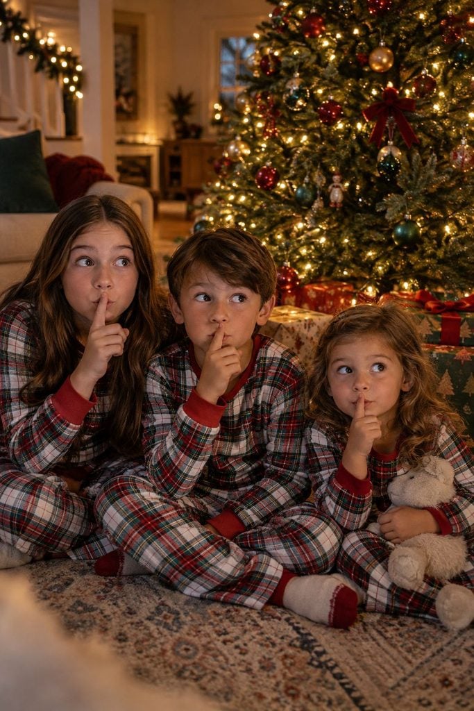 Siblings with fingers to their lips waiting for Santa in front of the tree