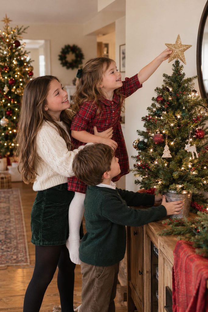 Older sibling lifting younger sibling to place the star on top of the Christmas tree
