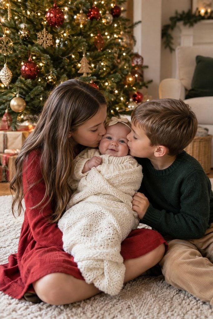 Older siblings kissing their baby sibling on the cheek by the Christmas tree