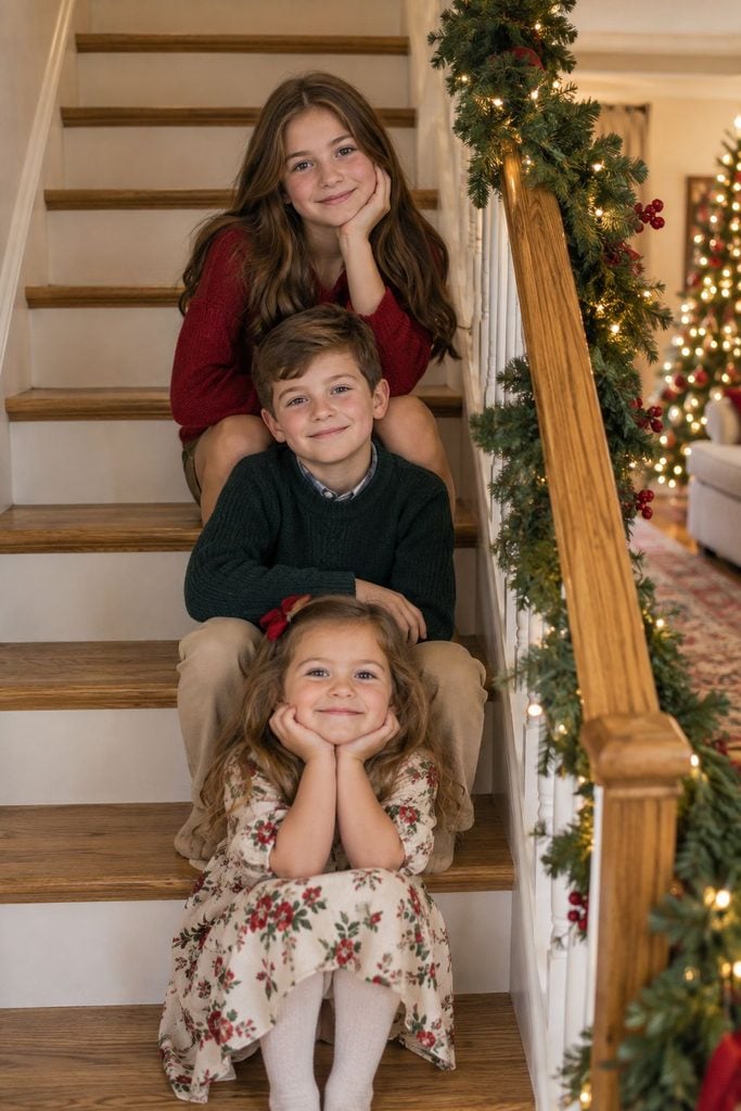 Siblings lined up by height on a staircase decorated with Christmas garland