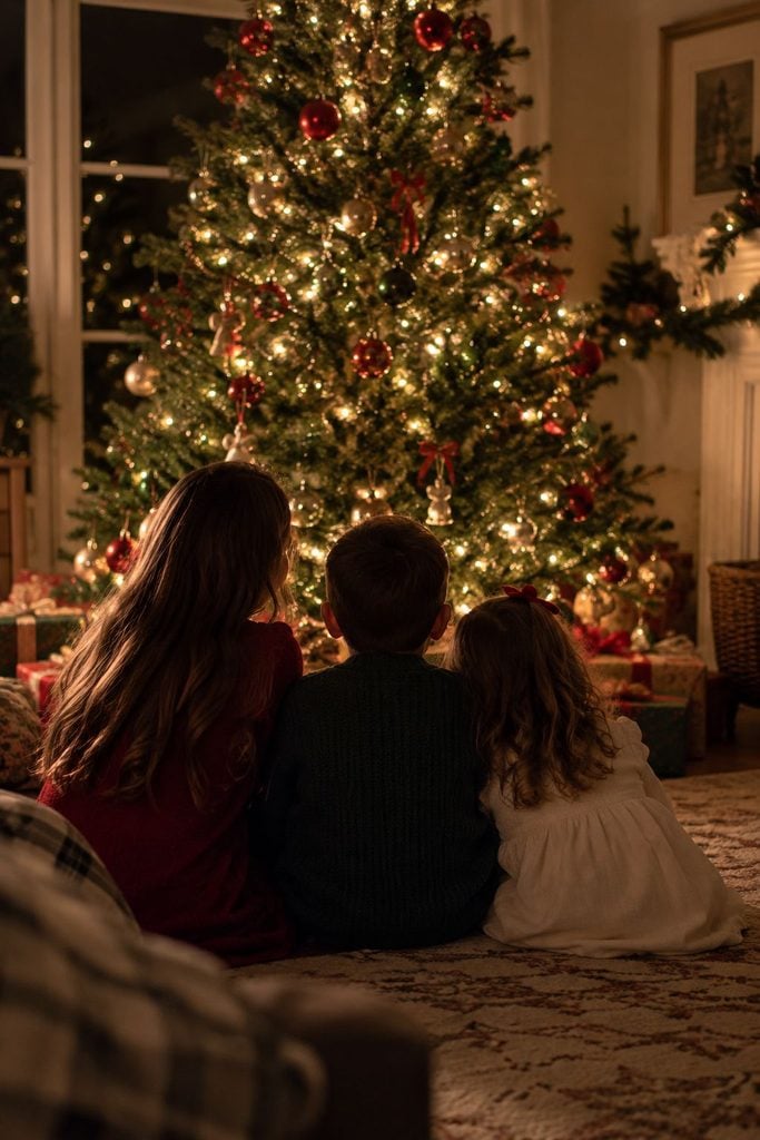Silhouettes of siblings standing in front of a glowing lit Christmas tree