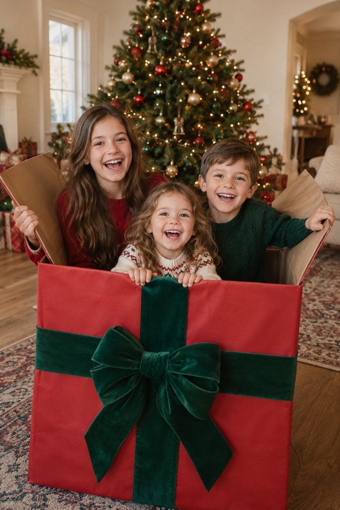 Siblings popping out of an oversized gift box topped with a red bow