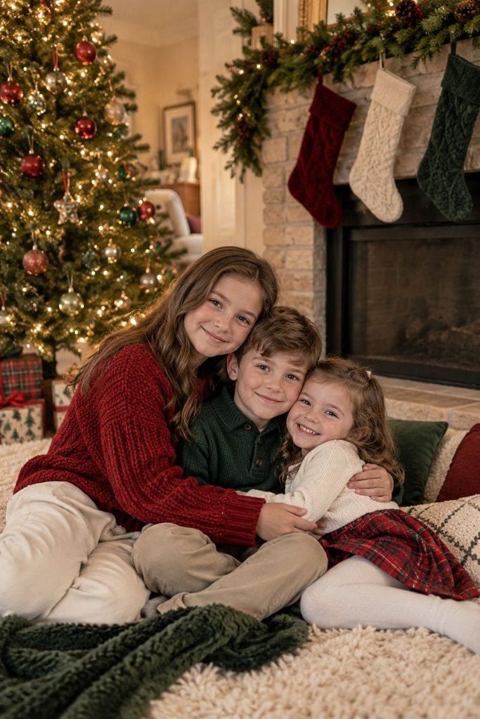 Siblings snuggled together by the fireplace under hanging Christmas stockings