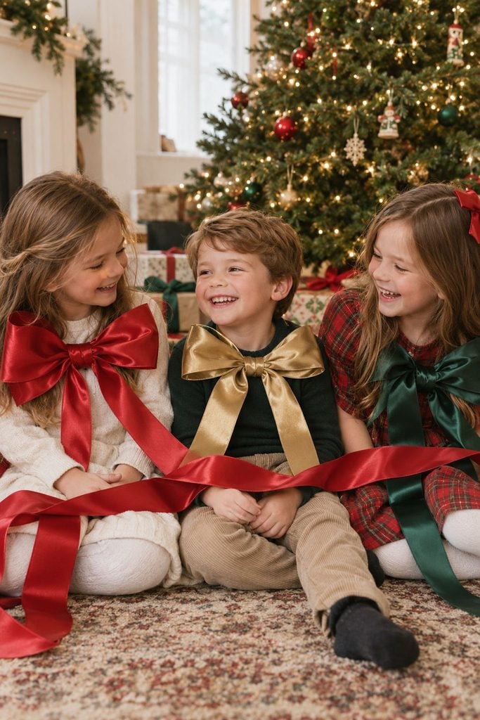 Siblings loosely wrapped in ribbon with bows like Christmas presents