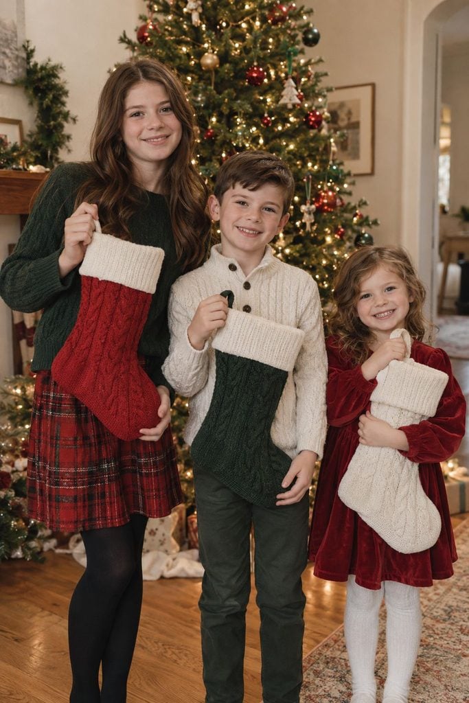 Siblings each holding a personalized Christmas stocking in front of the tree