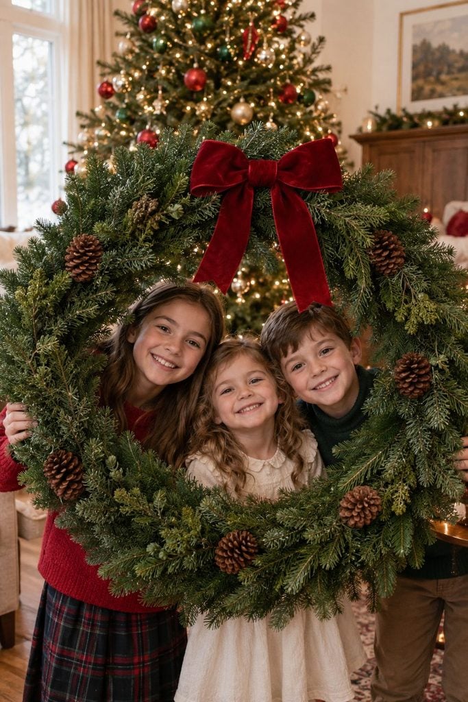 Three siblings smiling as they peek through a large Christmas wreath