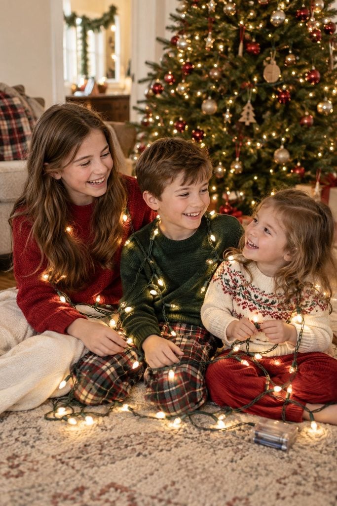 Laughing siblings wrapped in glowing twinkle lights with a Christmas tree behind them