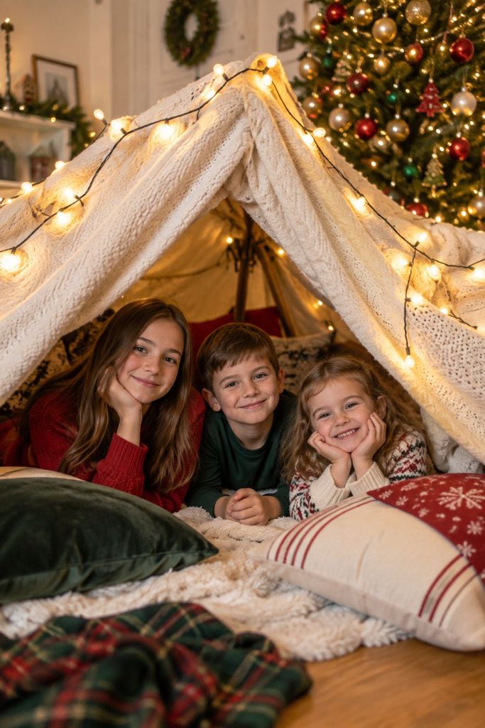 Kids peeking out of a blanket fort decorated with glowing string lights at Christmas