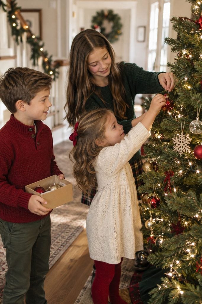 Older sibling helping younger sibling hang an ornament on the Christmas tree