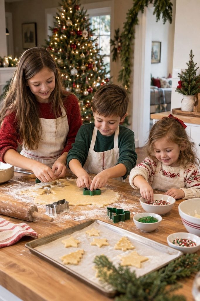 Brother and sister in aprons rolling out Christmas cookie dough in the kitchen