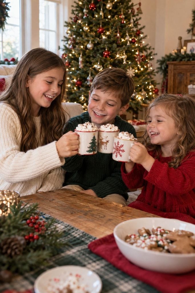 Siblings holding holiday mugs of hot cocoa topped with whipped cream and marshmallows