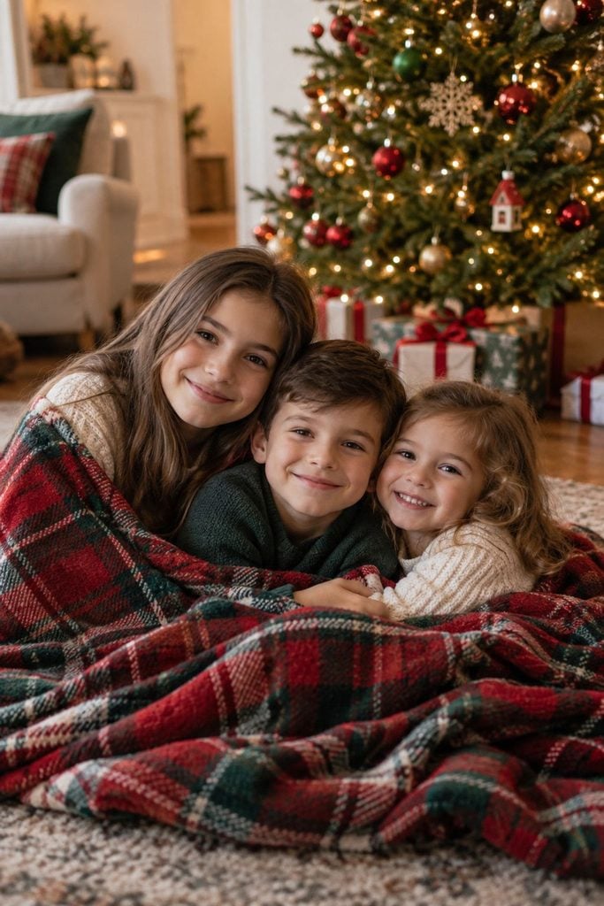 Siblings snuggled together under a cozy plaid Christmas blanket