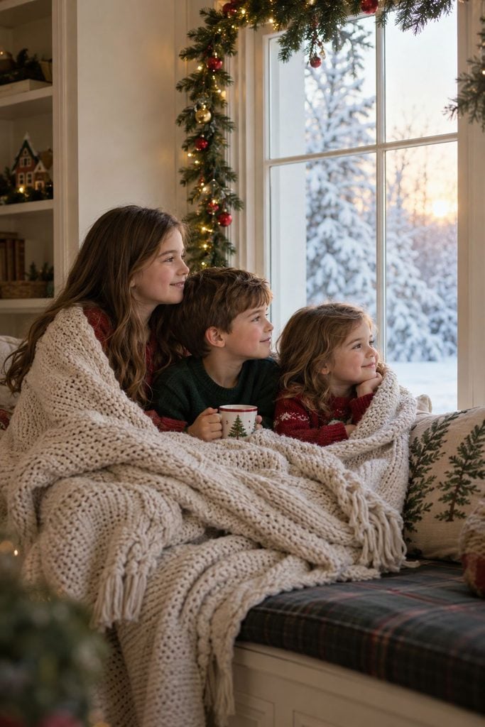 Siblings sitting on a window seat wrapped in a blanket in soft morning light