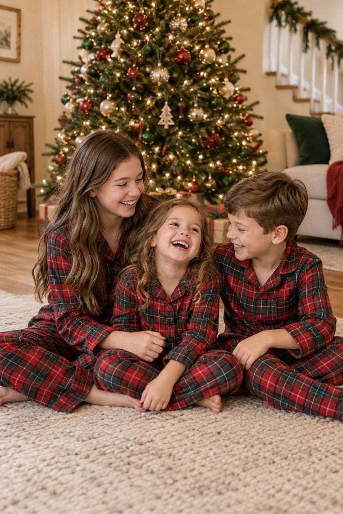 Siblings in matching plaid Christmas pajamas sitting close together in front of a lit Christmas tree