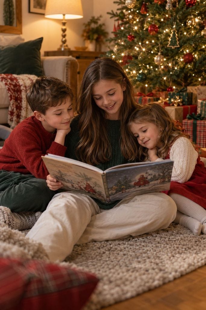 Brother and sister reading a Christmas storybook together by the tree