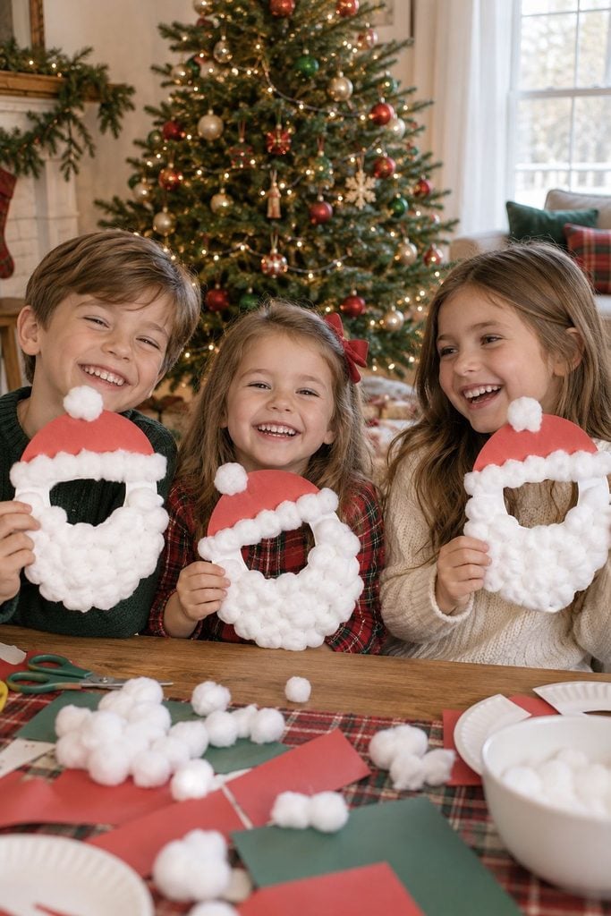 Siblings wearing homemade cotton ball Santa beards