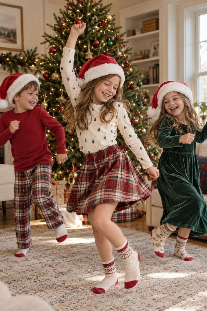 Siblings dancing in Santa hats during a Christmas dance party