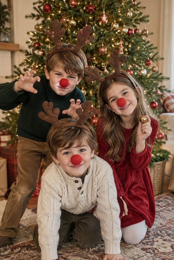 Siblings wearing reindeer antlers and red noses