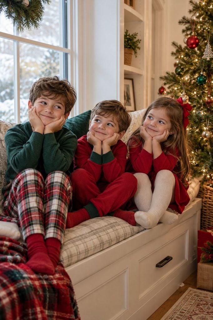 Siblings posing like elves on a shelf with silly expressions