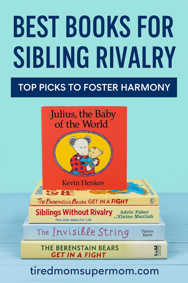  "Stack of children's books including Julius the Baby of the World and Siblings Without Rivalry with title text overlay that reads 'Best Books for Sibling Rivalry – Top Picks to Foster Harmony'"