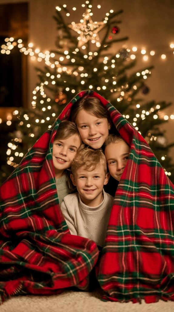 Four children cuddled together under a red plaid blanket in front of a Christmas tree with warm lights.