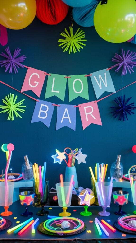 Glow Bar drink station with a colorful paper banner, neon balloons overhead, and glow sticks in every cup