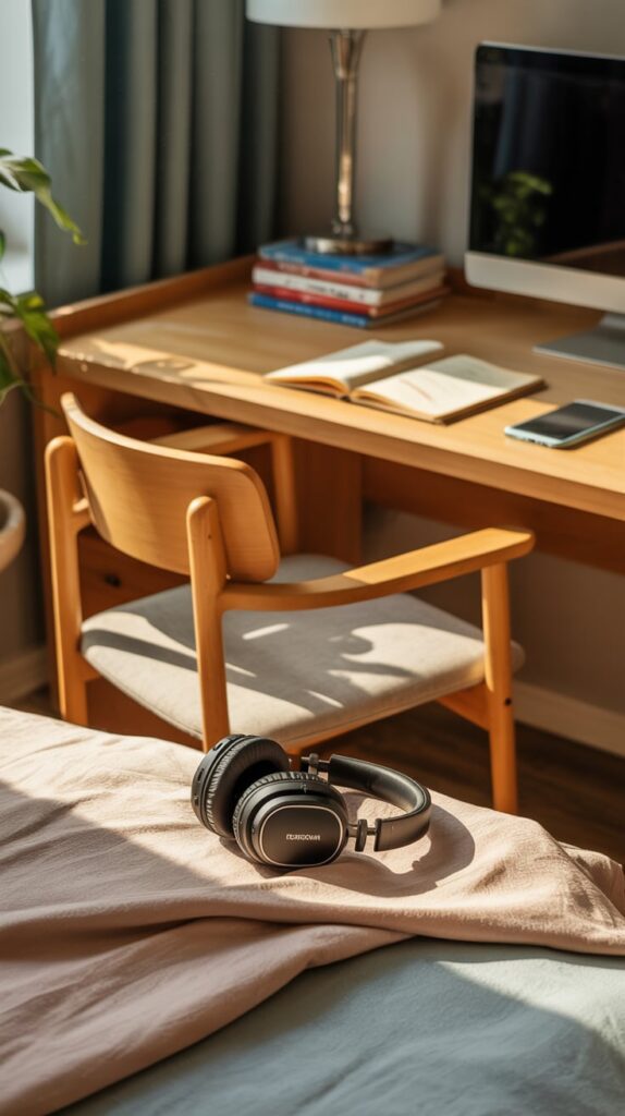 Cozy teen bedroom with stylish over-ear headphones resting beside a study area