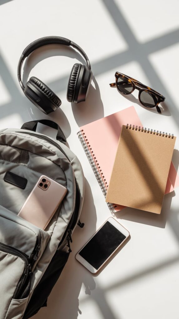 Flat lay of teen school essentials with wireless headphones and backpack.