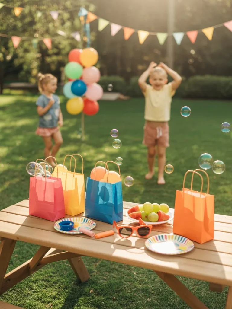Gender-neutral toddler party favors including chalk, stickers, and mini notebooks