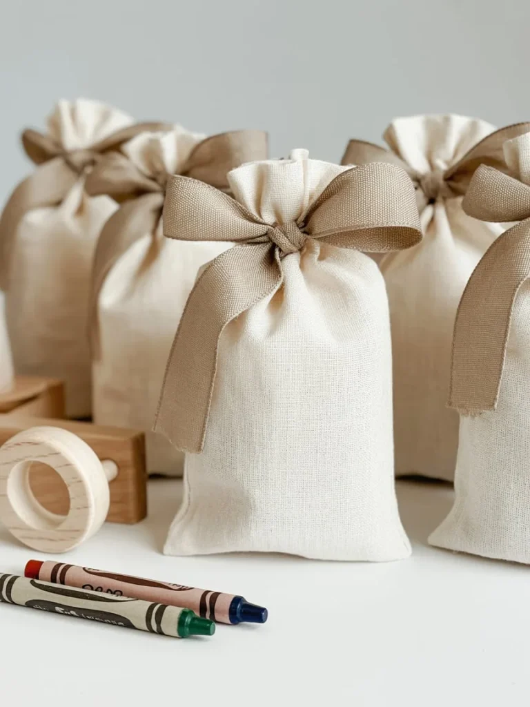 Parent assembling toddler goody bags at a kitchen table before a birthday party