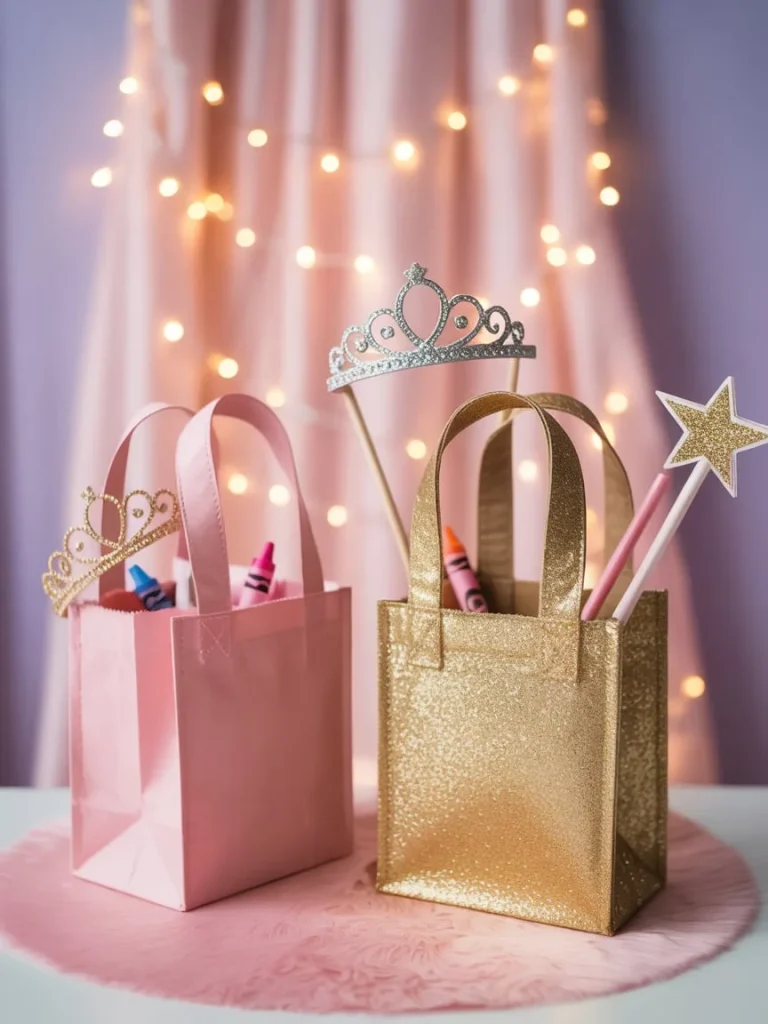 Assortment of small toddler party favor toys including sensory balls, stickers, and crayons