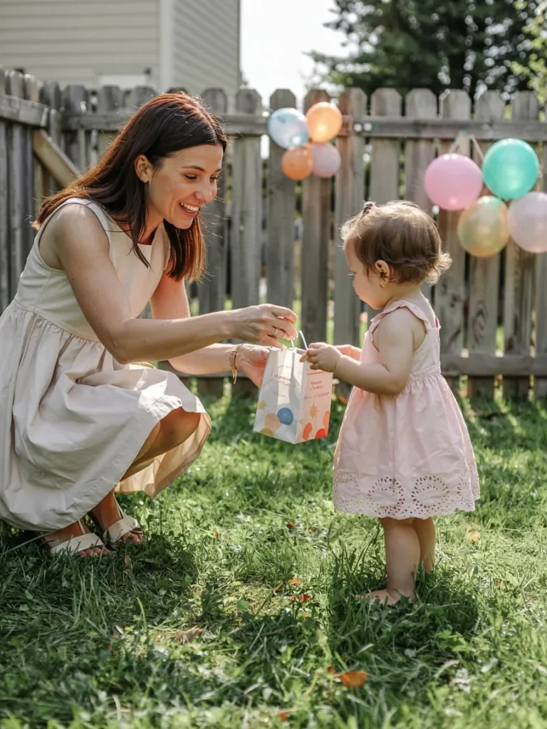 Budget-friendly toddler party favor bags arranged by price tier on a table