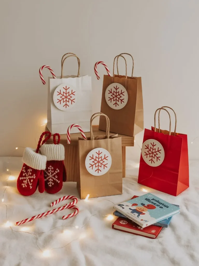 Kraft paper toddler goody bags styled with tissue paper and personalized tags