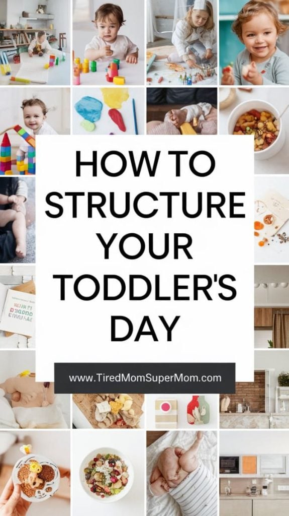 Daily toddler schedule infographic for ages 18 months to 3 years with meals, naps, playtime, and bedtime routine.
